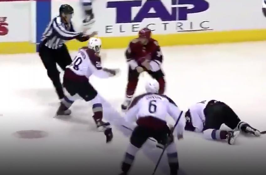Rinaldo nails MacKinnon, one hit KOs defenseless rookie, gets destroyed by Johnson in fight then gets ejected from game